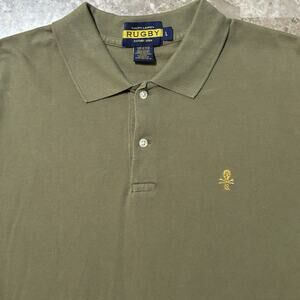 Ralph Lauren Rugby Polo Shirt Mens Large Olive Green Pique Mesh Skull Crossbones